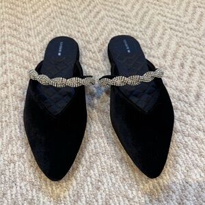 Birdies “The Swan” Black Velvet Mules with Crystal Strap